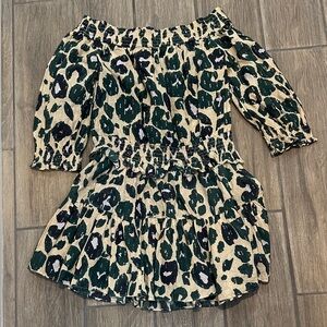 PilyQ Leopard Print Off-Shoulder Romper, Cover Up, Dress. Mini. Green tan black